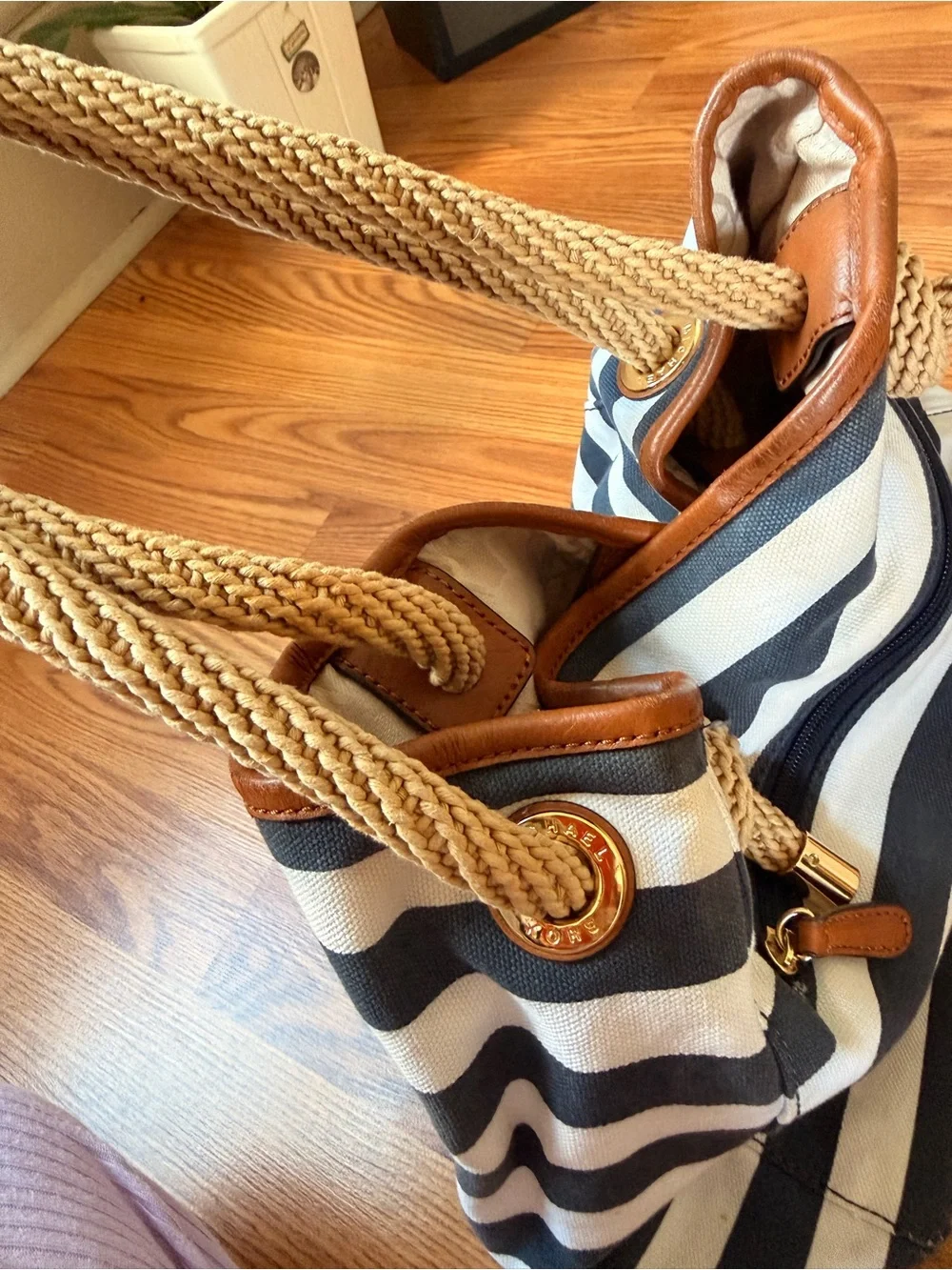 Michael Kors Marina Navy and White Striped Rope-Handle Tote Like New - Picture 6 of 12
